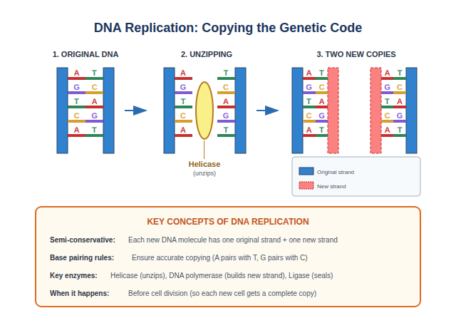 DNA replication in three panels. Panel 1, original DNA: two blue strands with five rungs, A-T, G-C, T-A, C-G, A-T. Panel 2, unzipping: a yellow oval labeled helicase sits between the two strands, which have come apart, each keeping its bases. Panel 3, two new copies: each copy has one blue original strand and one pink new strand, and the bases pair the same way as in the original. A key marks original and new strands, and a box below lists key concepts.