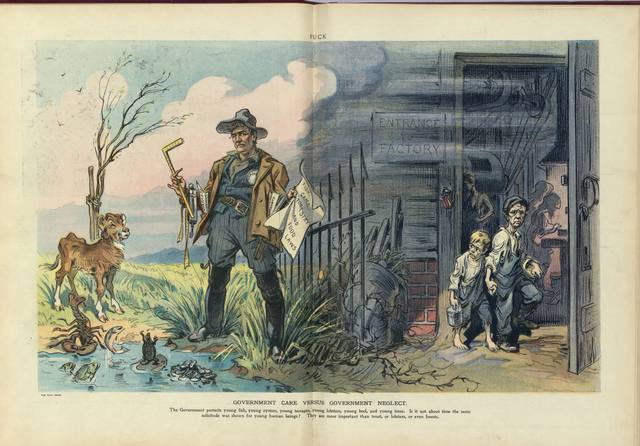 On the left a strong game warden stands among a calf, young fish and a young tree; on the right two thin boys come out of a factory door.