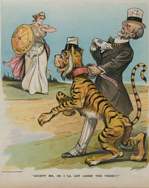 An old man in a hat marked BOSS PLATT holds back a hungry tiger in a hat marked TAMMANY, facing a woman with a shield marked GREATER NEW YORK.