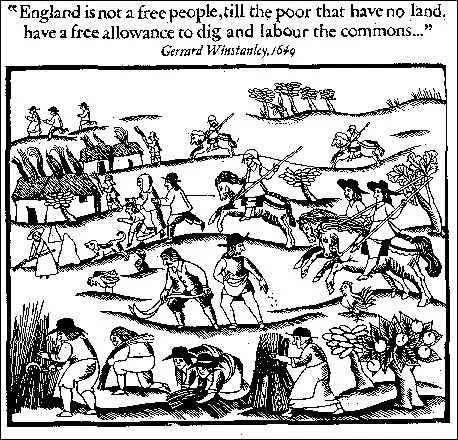 Stories of Enclosure: a 1649 Diggers woodcut of a field of people digging the common