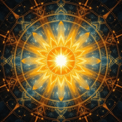 A radiant gold mandala on deep blue: an ornamented starburst blazing at the center of concentric geometric rings