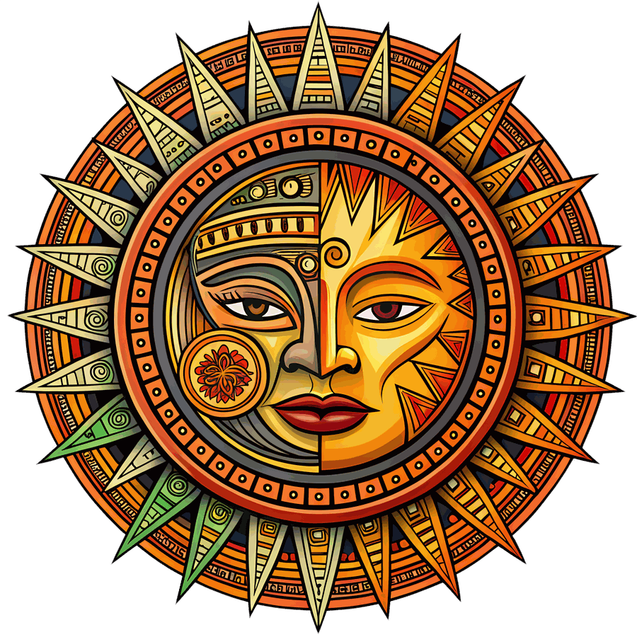 A sun-and-moon mandala: a single face, half in shadow and half ablaze, ringed by rays and ornamented borders in orange, gold and green