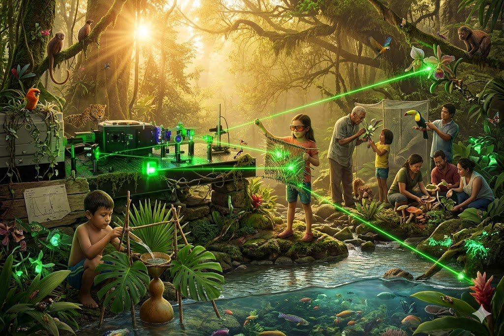 A working artificial photosynthesis device in a forest scene of ancient and arriving technologies