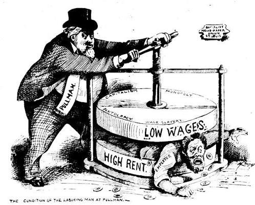 Political cartoon: George Pullman pressing a worker through a wine press marked LOW WAGES and HIGH RENT