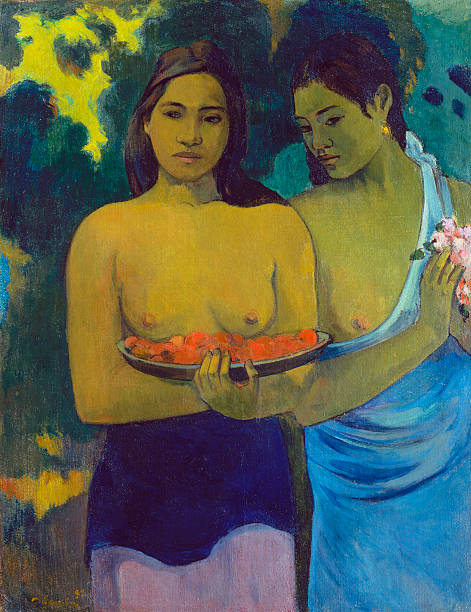Two women holding flowers and a tray of fruit, painted in warm yellows, greens, and browns