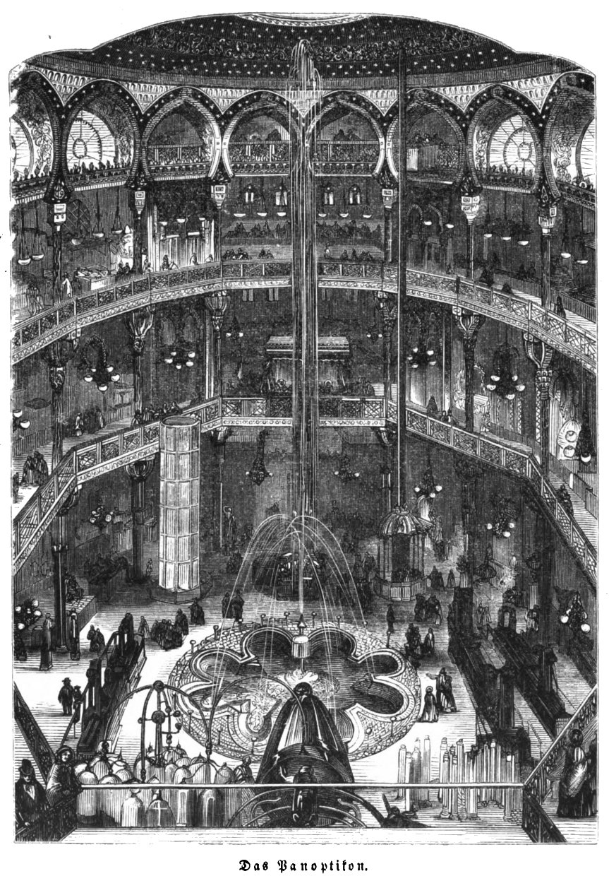 Wood engraving of the interior of the Royal Panopticon of Science and Art, Leicester Square, London, 1854 — a great domed rotunda with tiered galleries and a tall central fountain.